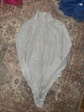 Silver Holographic Long Sleeve High Neck Bodysuit